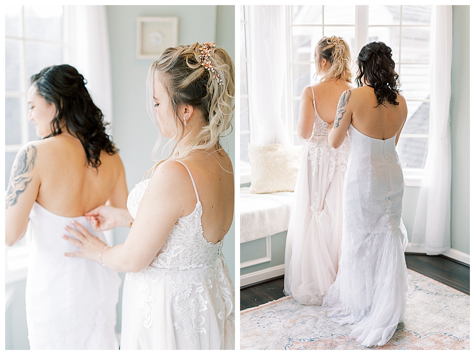 Brides Helping Each other Get Ready